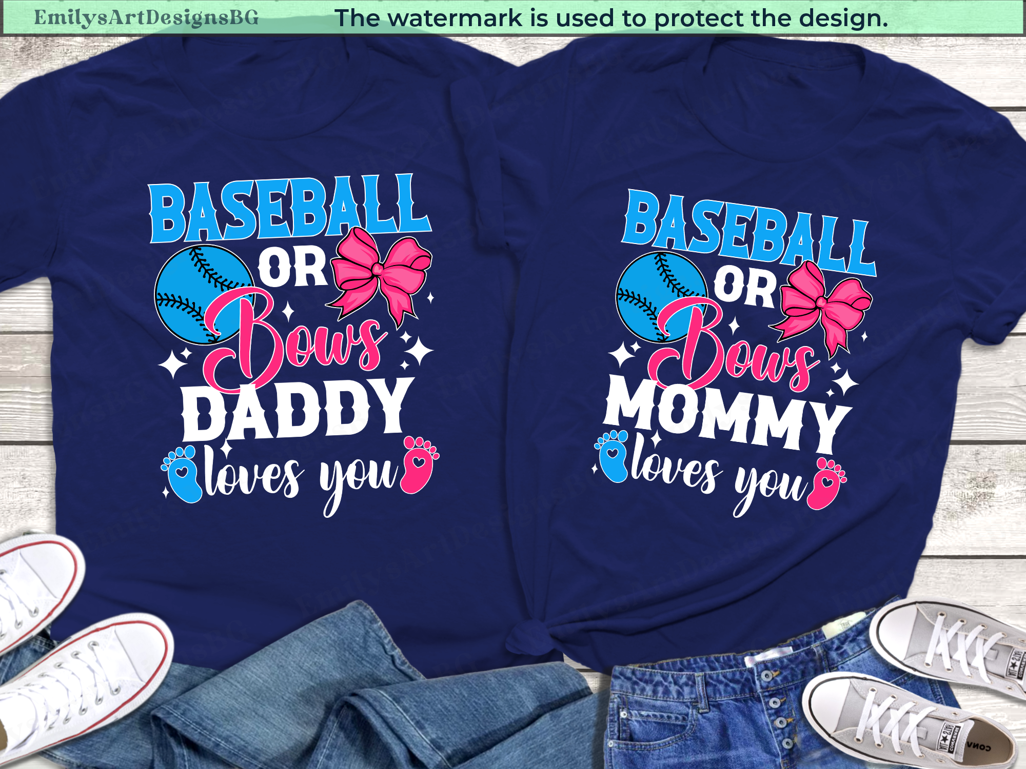 Two navy blue t-shirts with 'Baseball or Bows' design on a wooden surface.