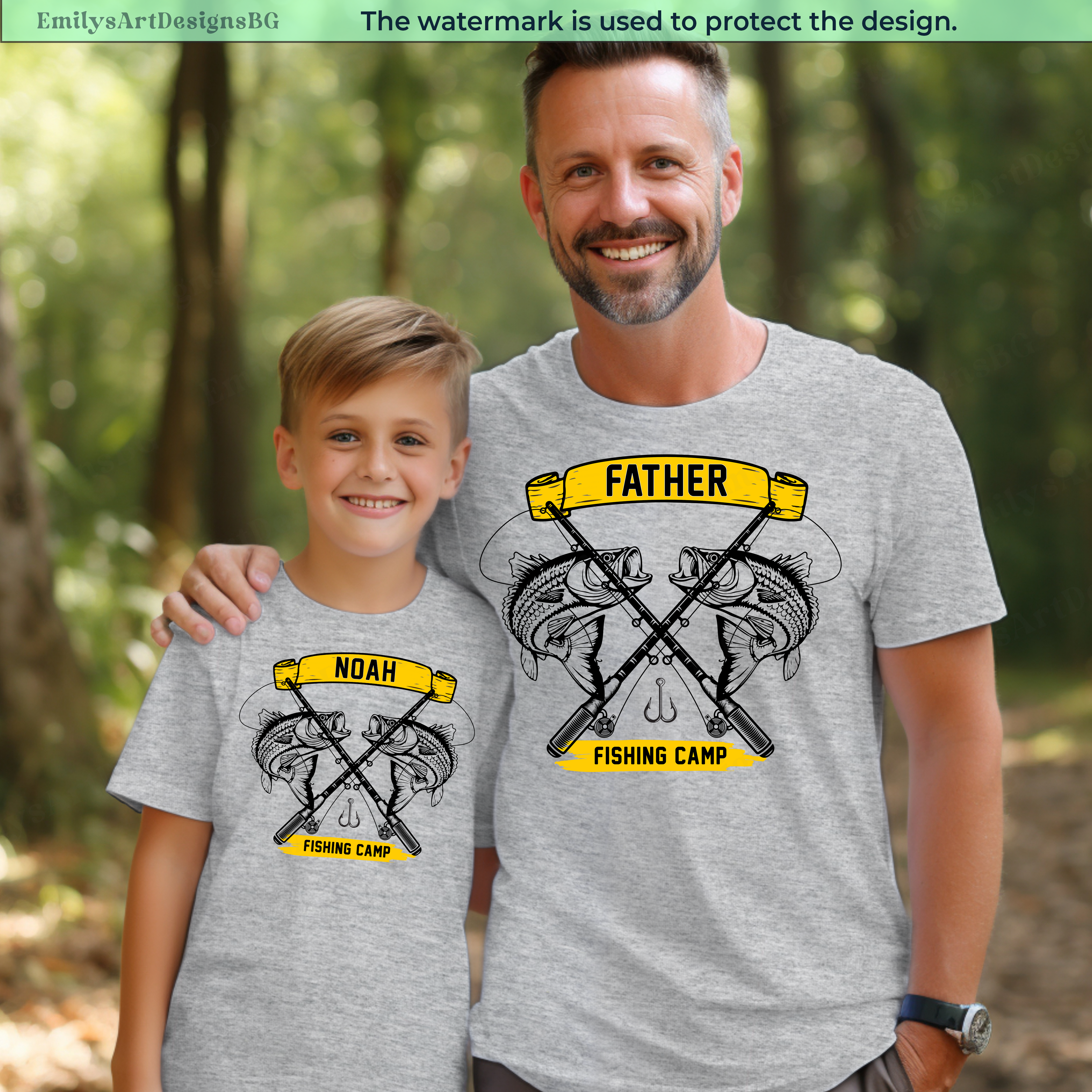 Man and child wearing matching gray t-shirts with 'Father and Son Fishing Camp' design in a forest setting.