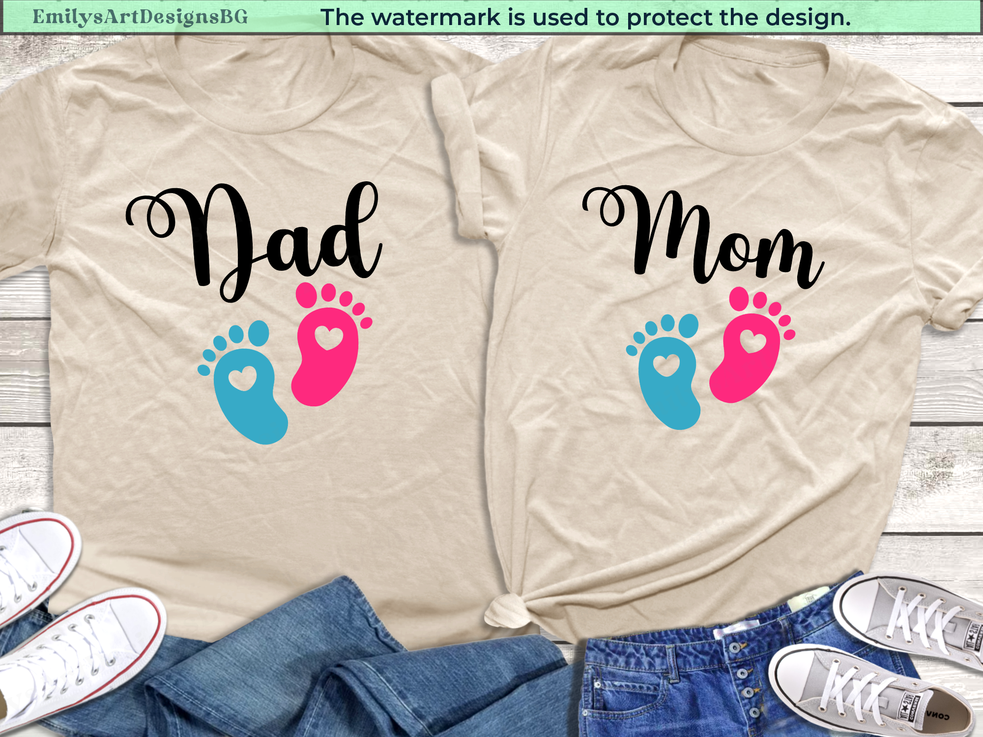 Two beige t-shirts with 'Dad' and 'Mom' text and footprints, paired with denim shorts and white sneakers on a wooden surface.
