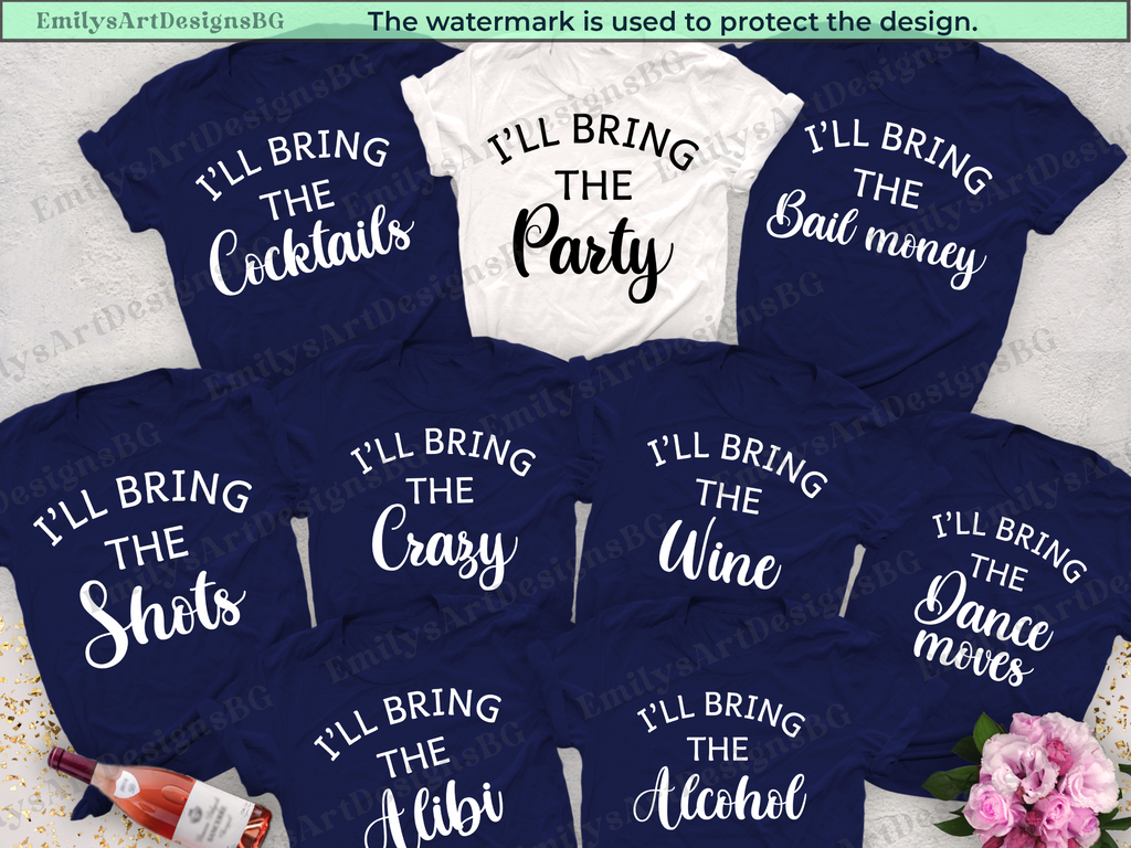 Collection of blue t-shirts with humorous text designs on a white background.