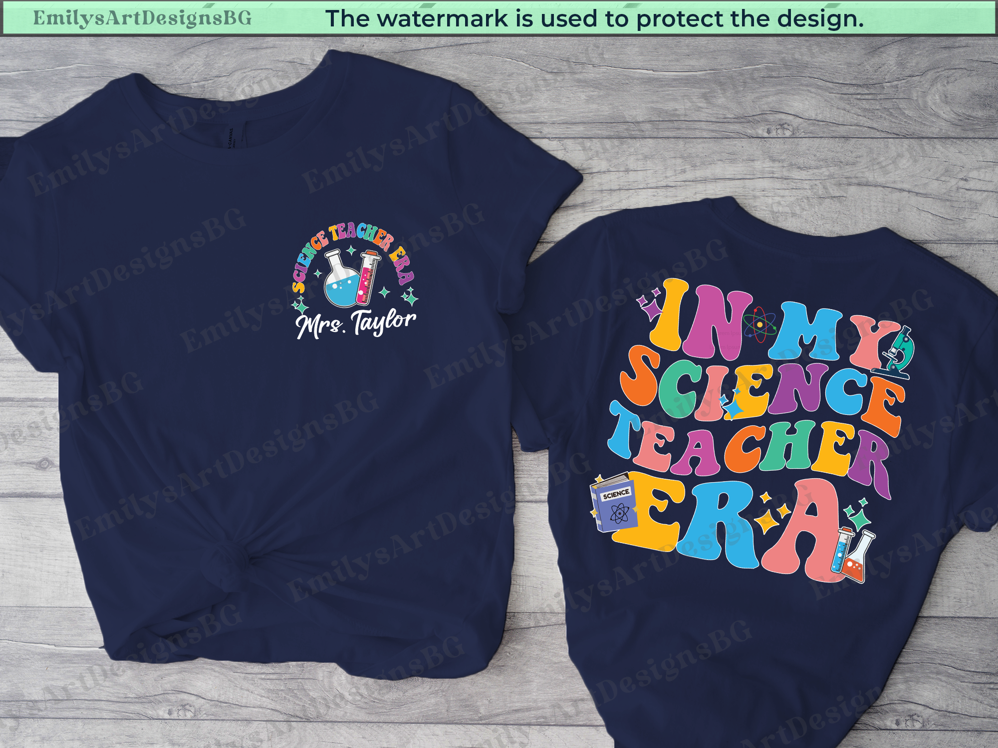 Navy blue t-shirt with colorful text and graphics on a wooden surface