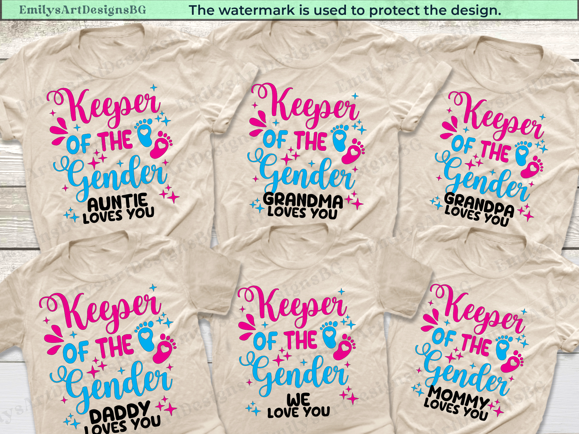 Set of t-shirts with 'Keeper of the Gender' text and various family members' names on a beige background.