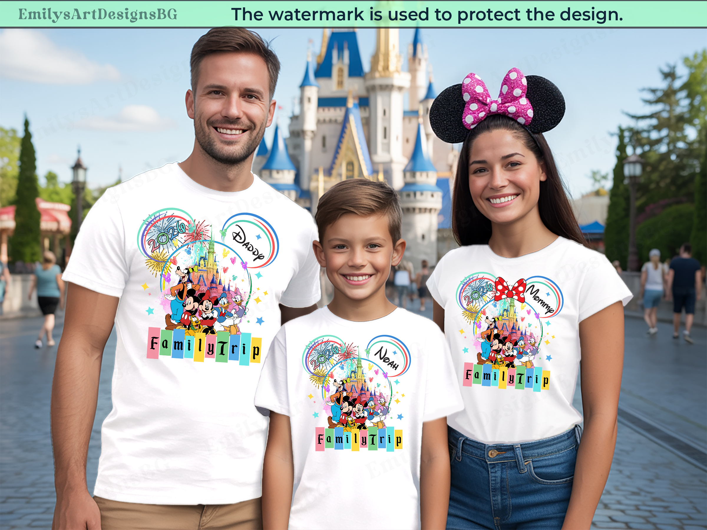 Family wearing matching Disney-themed t-shirts with a castle in the background.