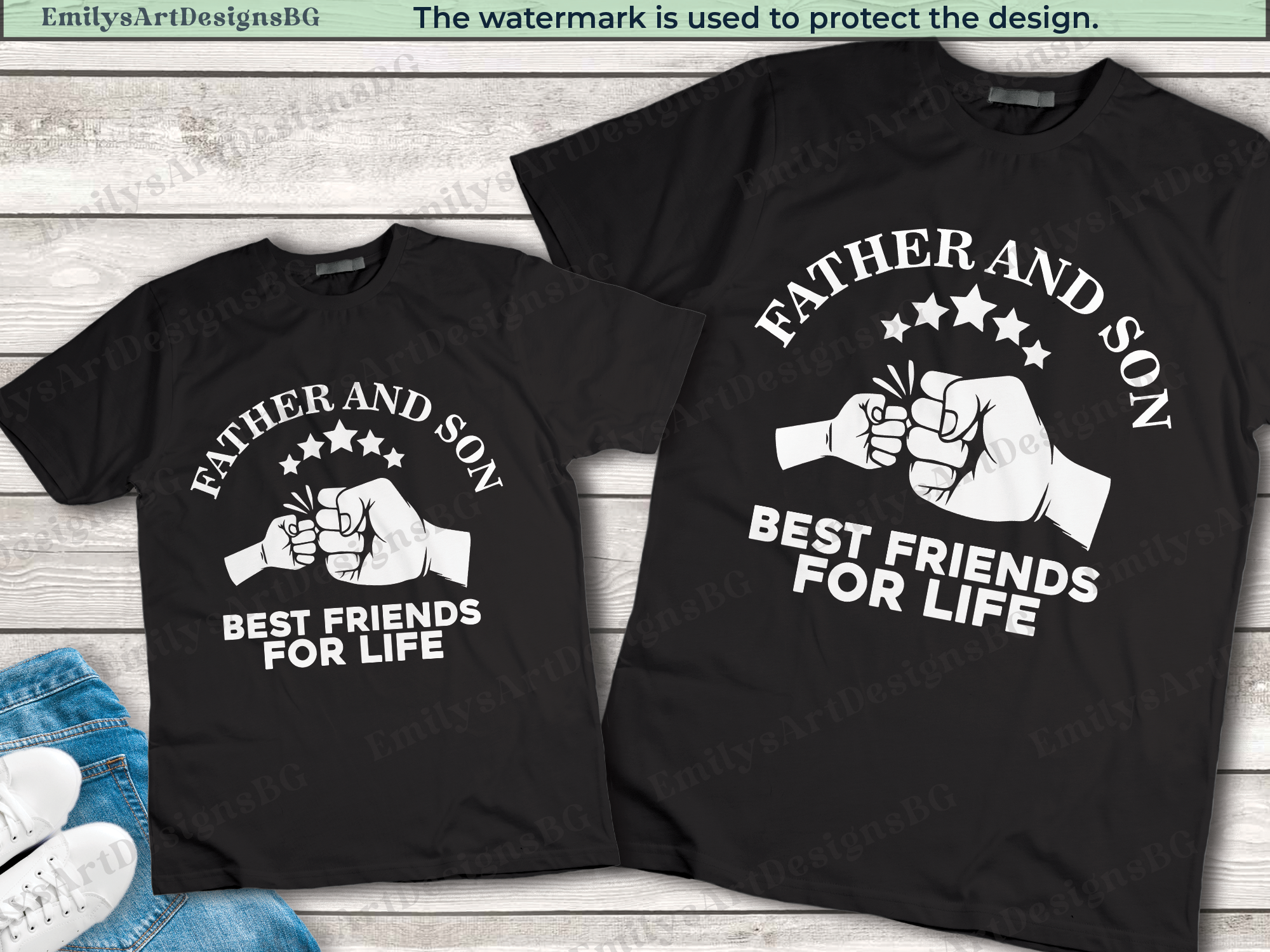 Two black t-shirts with 'Father and Son Best Friends for Life' design on a wooden surface.