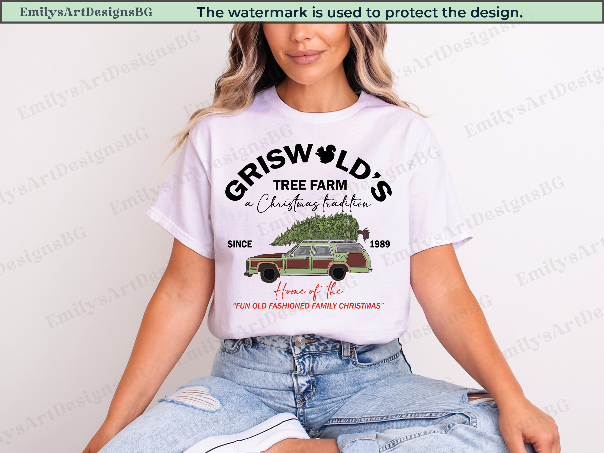 Person wearing a white t-shirt with 'Griswold's Tree Farm' design.