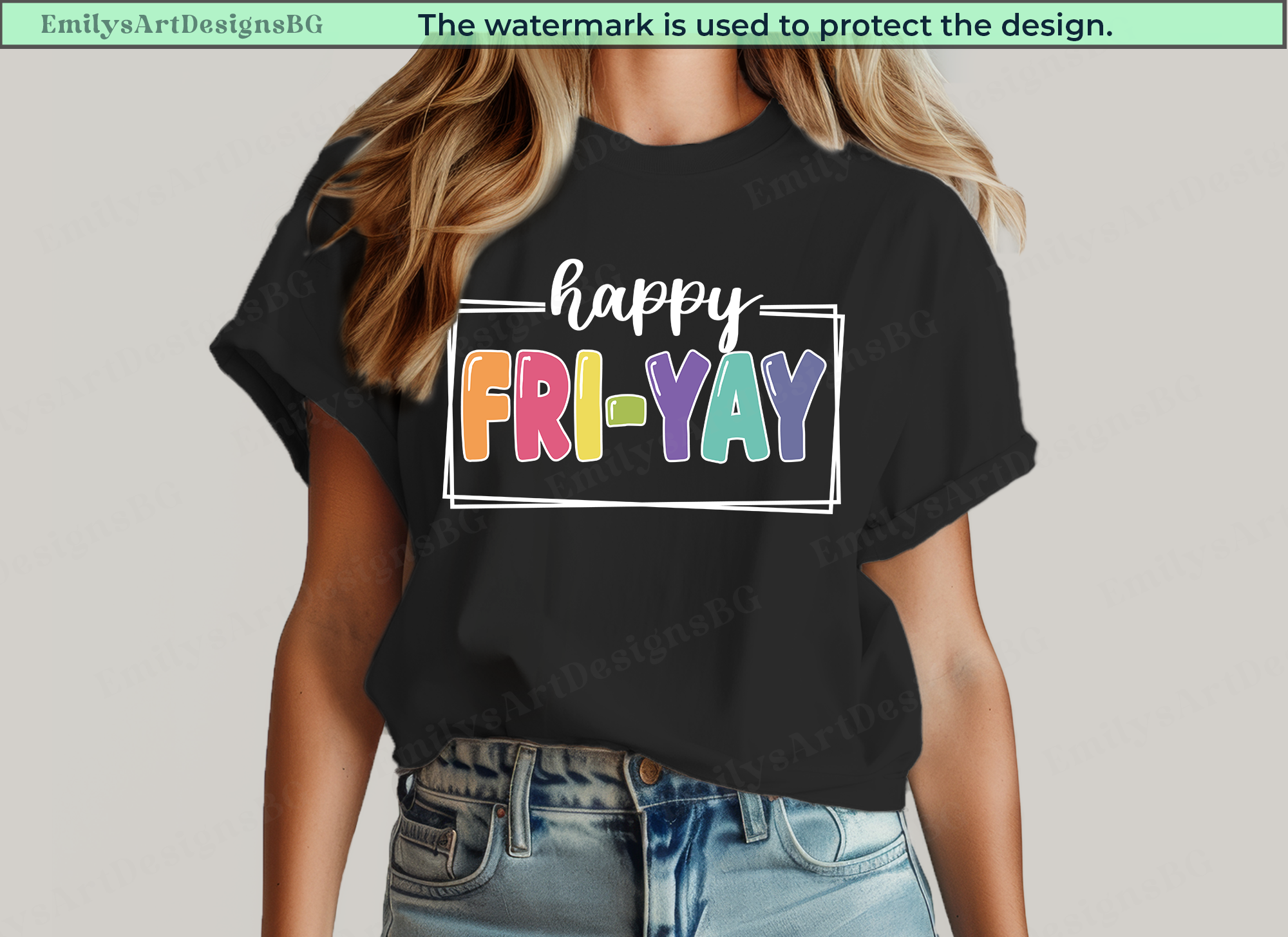Person wearing a black t-shirt with 'happy FRi-YAY' text in colorful letters on a plain background.