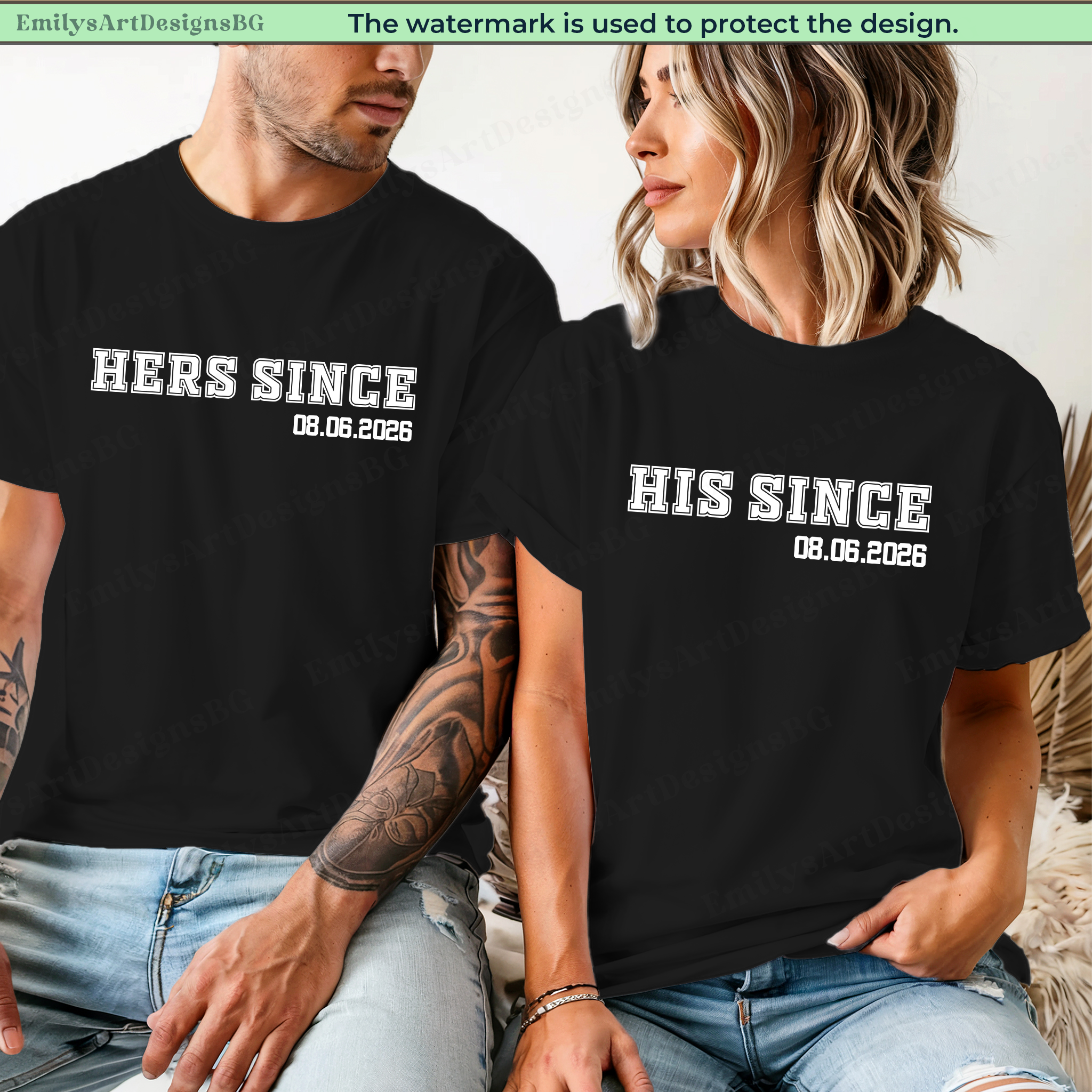 Two people wearing black t-shirts with 'HERS SINCE' and 'HIS SINCE' text.