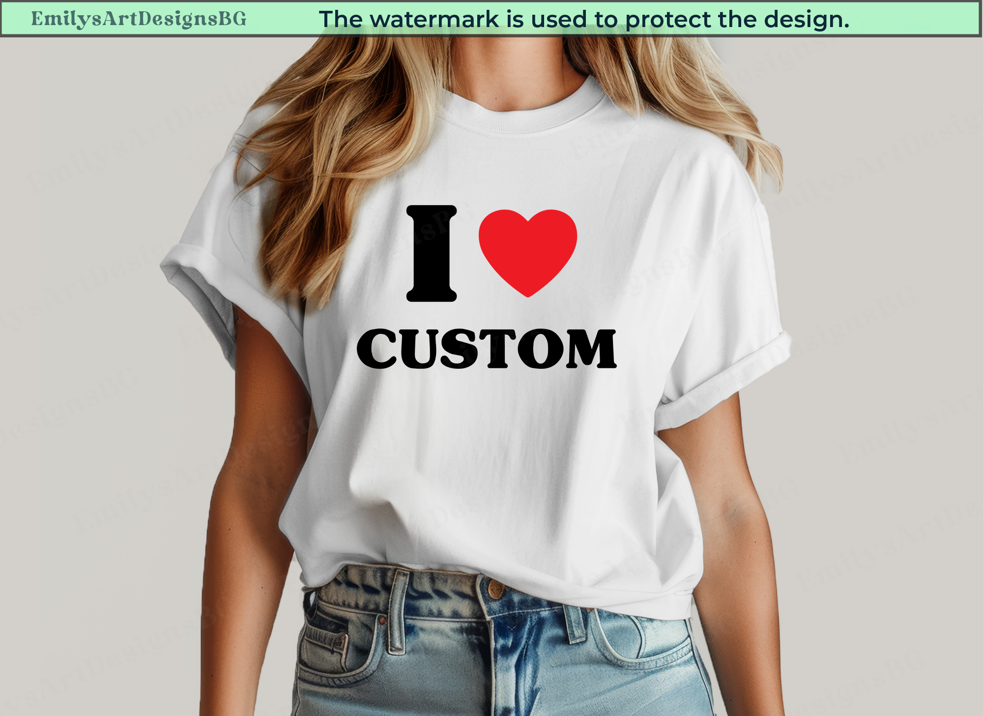 White t-shirt with 'I ❤️ CUSTOM' design on a plain background