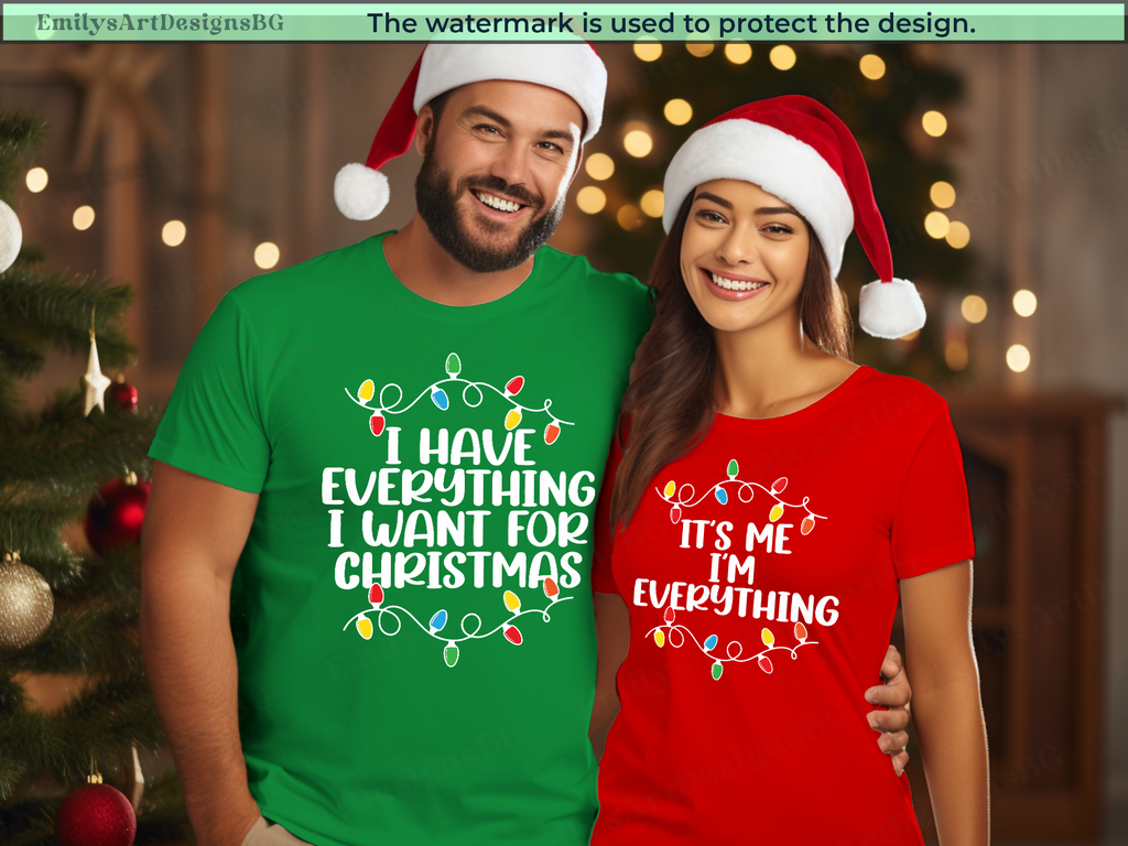 Two people wearing Christmas-themed shirts with festive designs in front of a decorated Christmas tree.