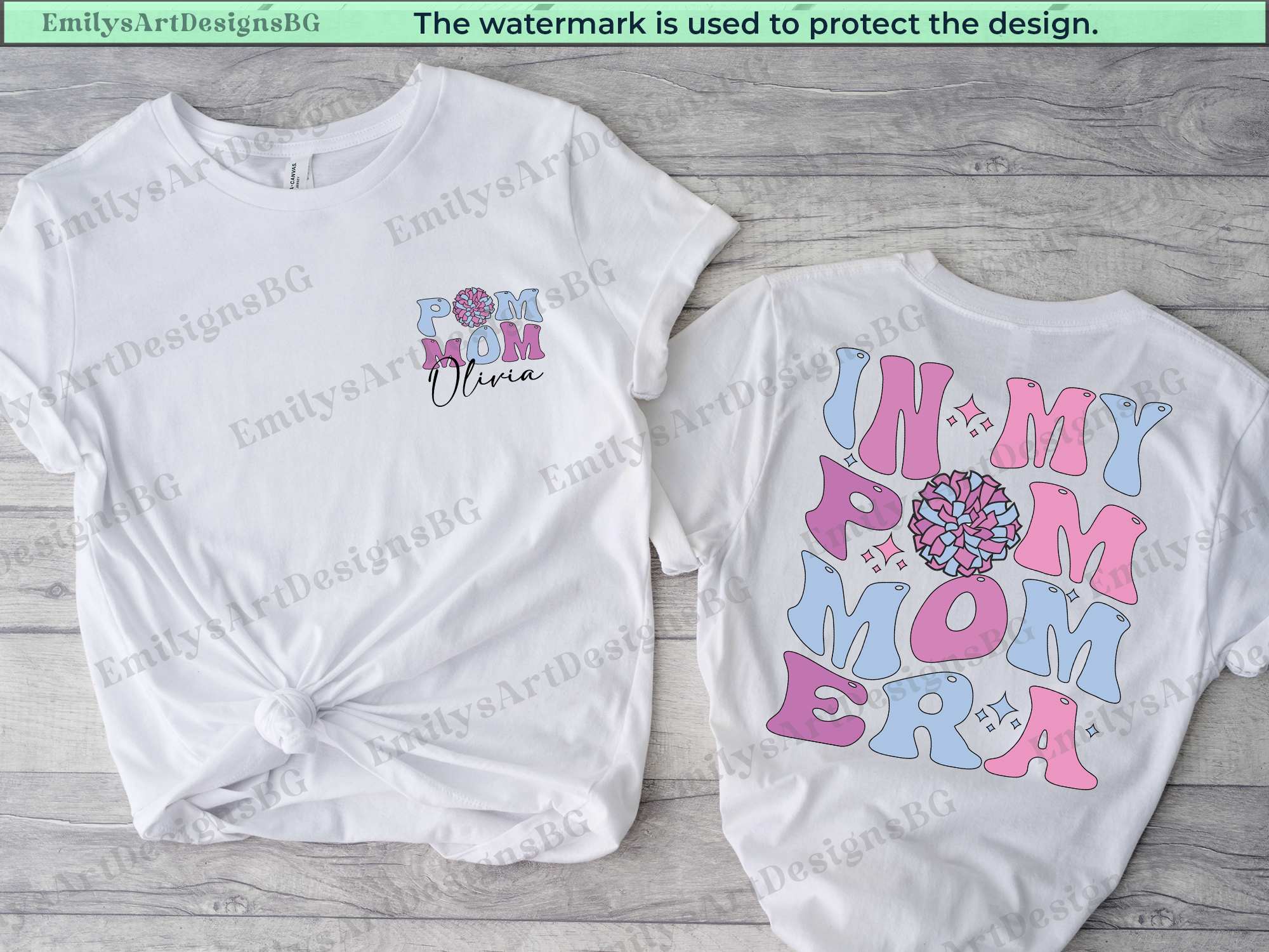 Two white t-shirts with colorful text and graphics on a wooden surface.