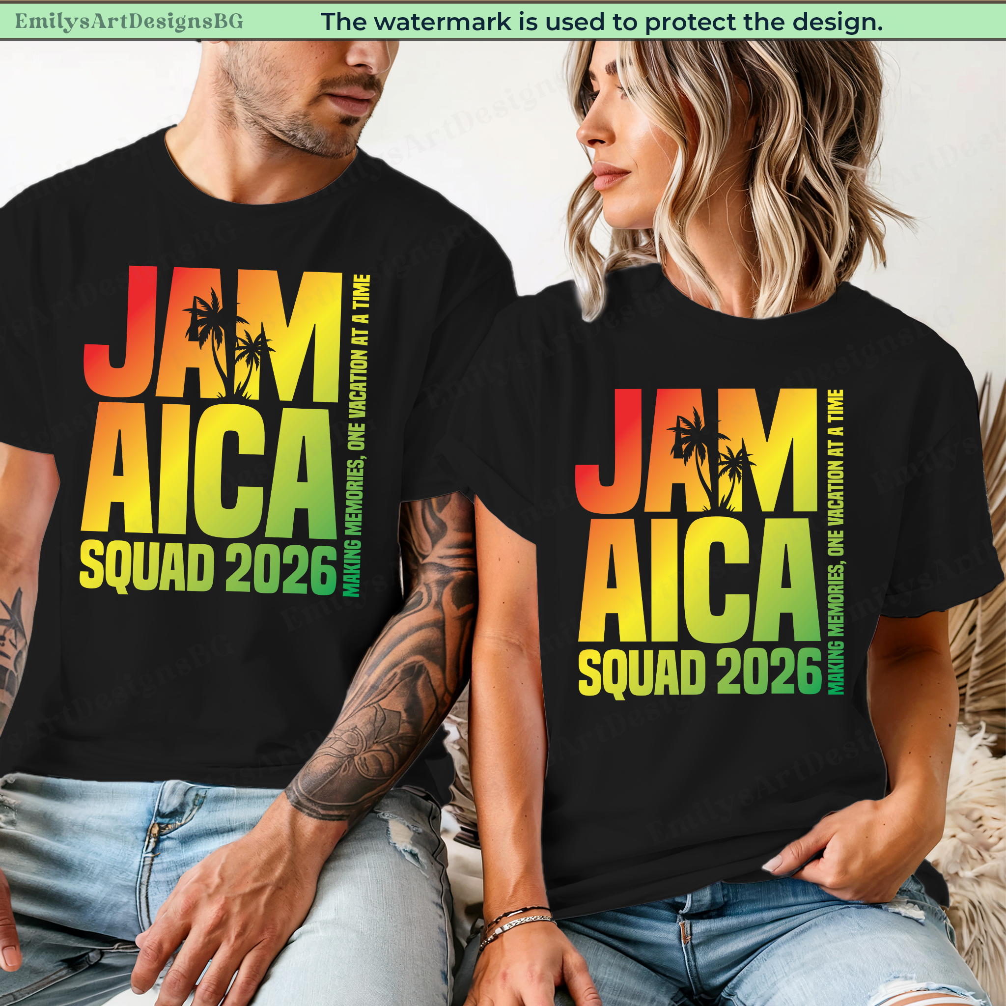 Two people wearing black t-shirts with 'JAM AICA SQUAD 2026' design.