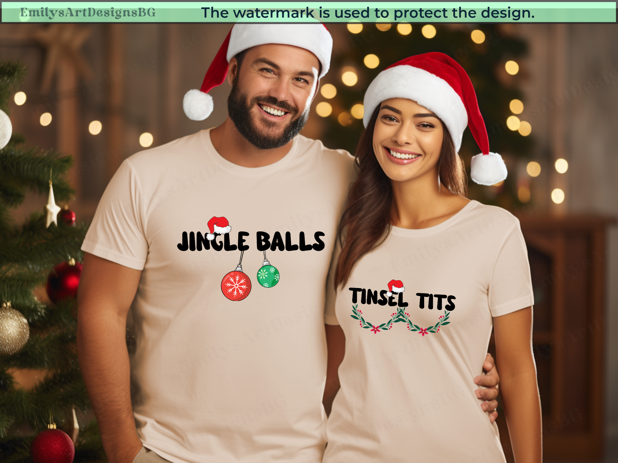 Two people wearing Christmas-themed t-shirts with festive designs in front of a decorated Christmas tree.