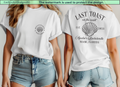 White t-shirt with shell designs and text, one on front and one on back.