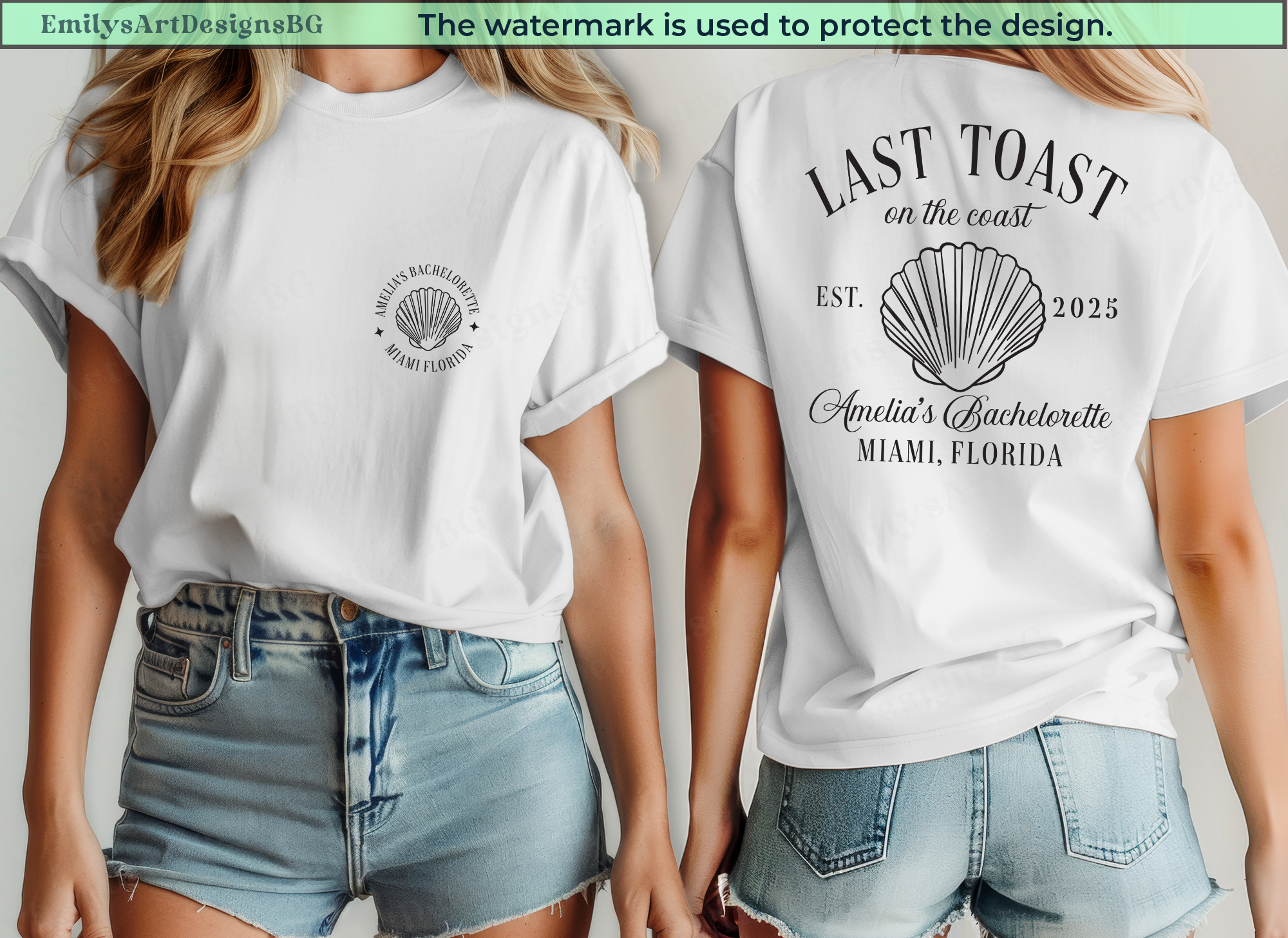 White t-shirt with shell designs and text, one on front and one on back.