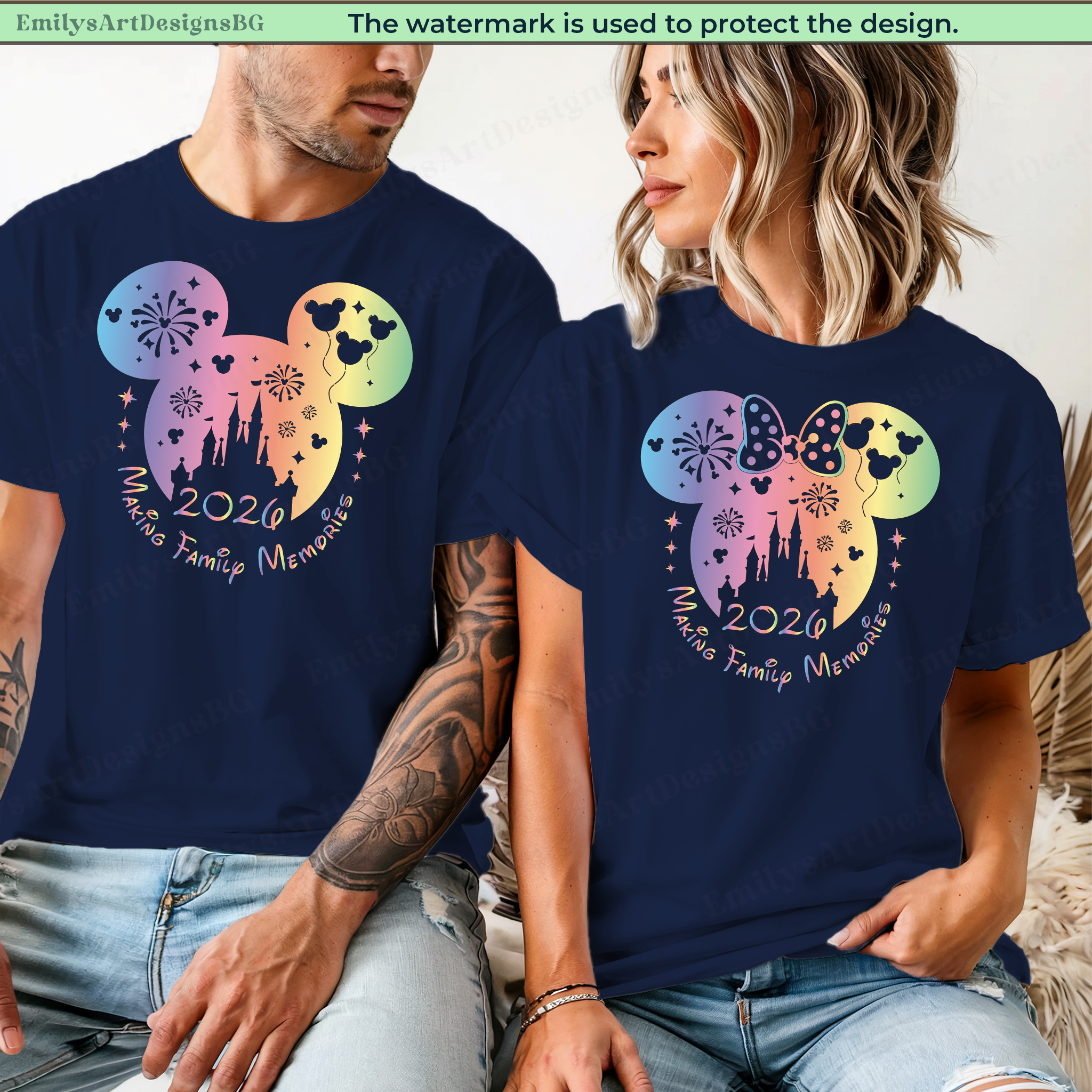 Two people wearing navy blue t-shirts with colorful mouse ears design and text.