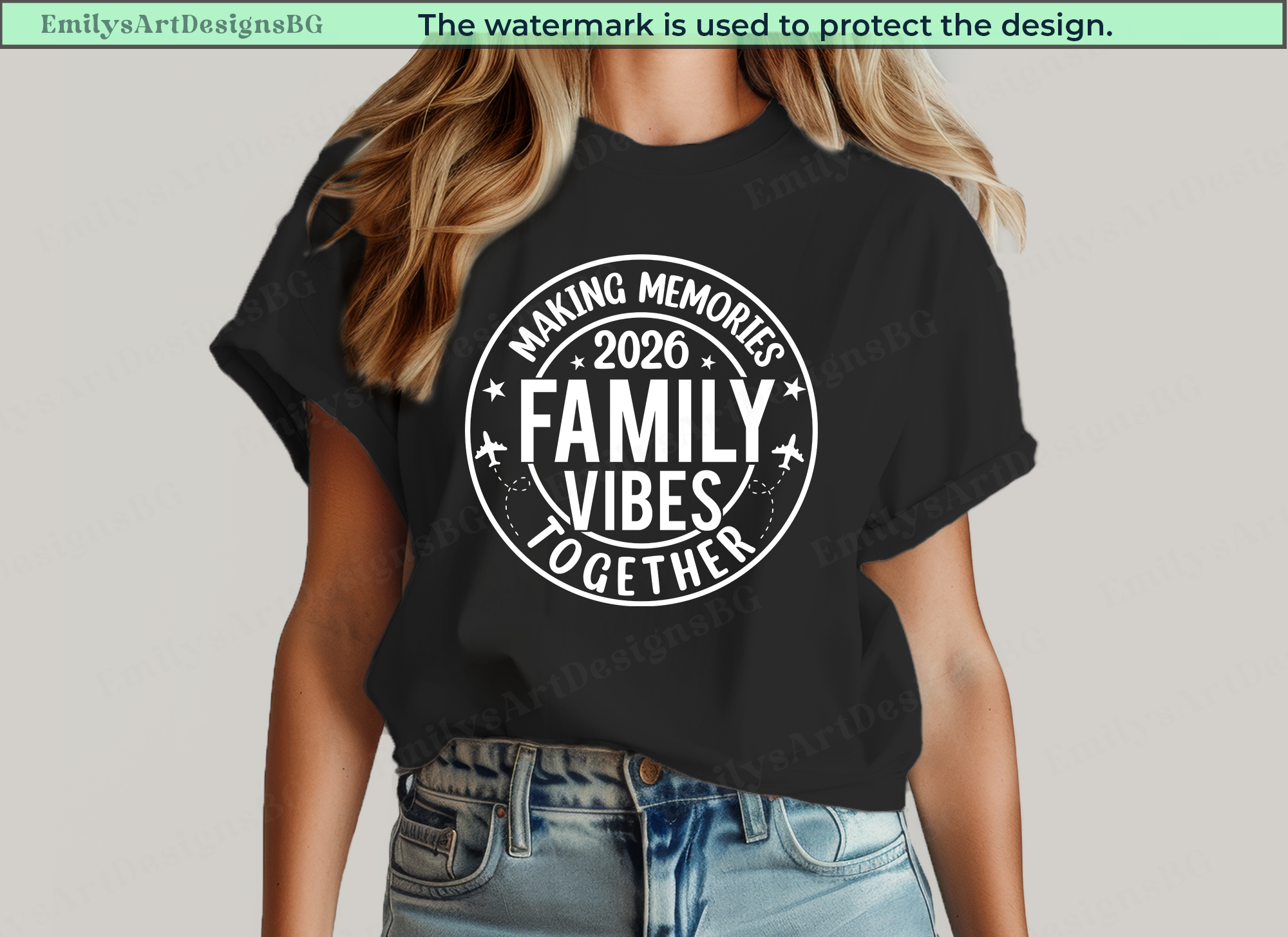 Black t-shirt with 'Making Memories 2026 Family Vibes Together' design worn by a person.