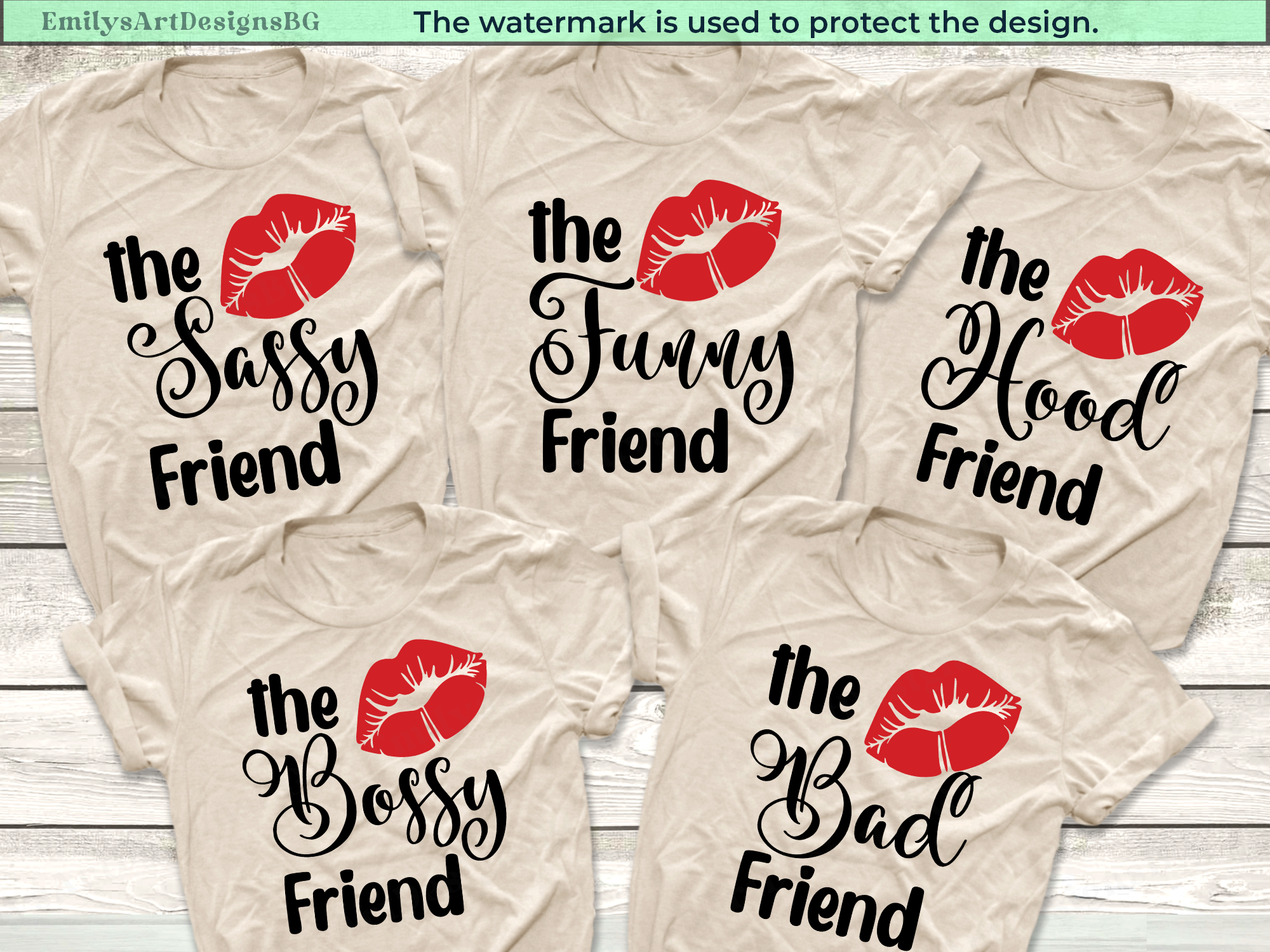 Five beige t-shirts with black and red text and lip prints on a wooden surface.