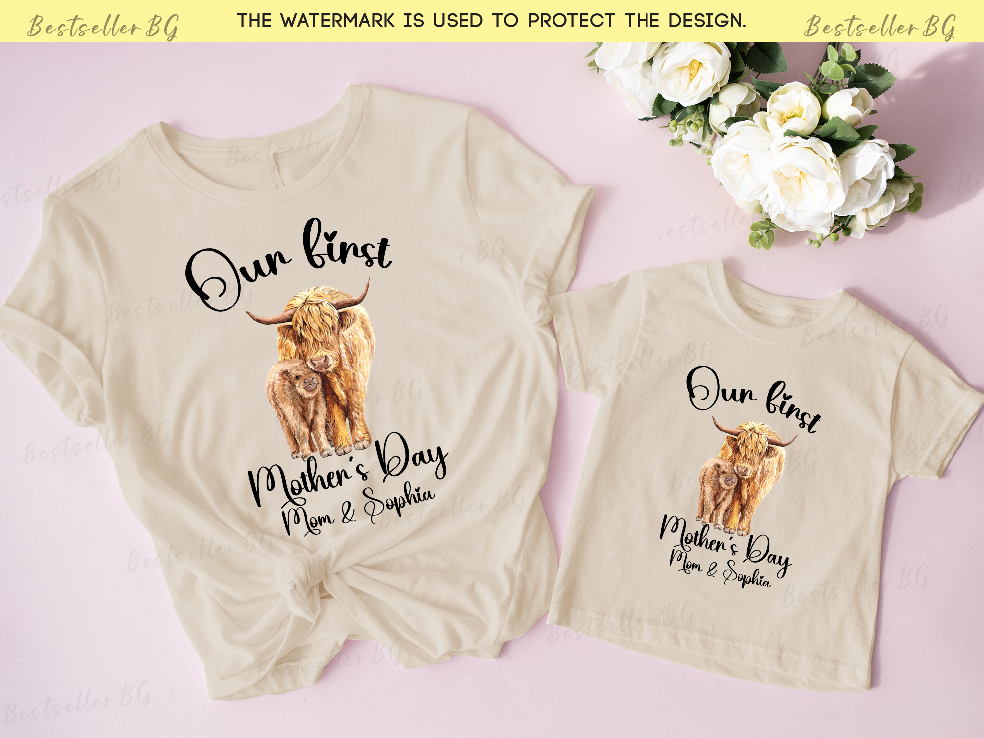 Two matching t-shirts with a cow and calf illustration and 'Our first Mother's Day' text on a pink background.