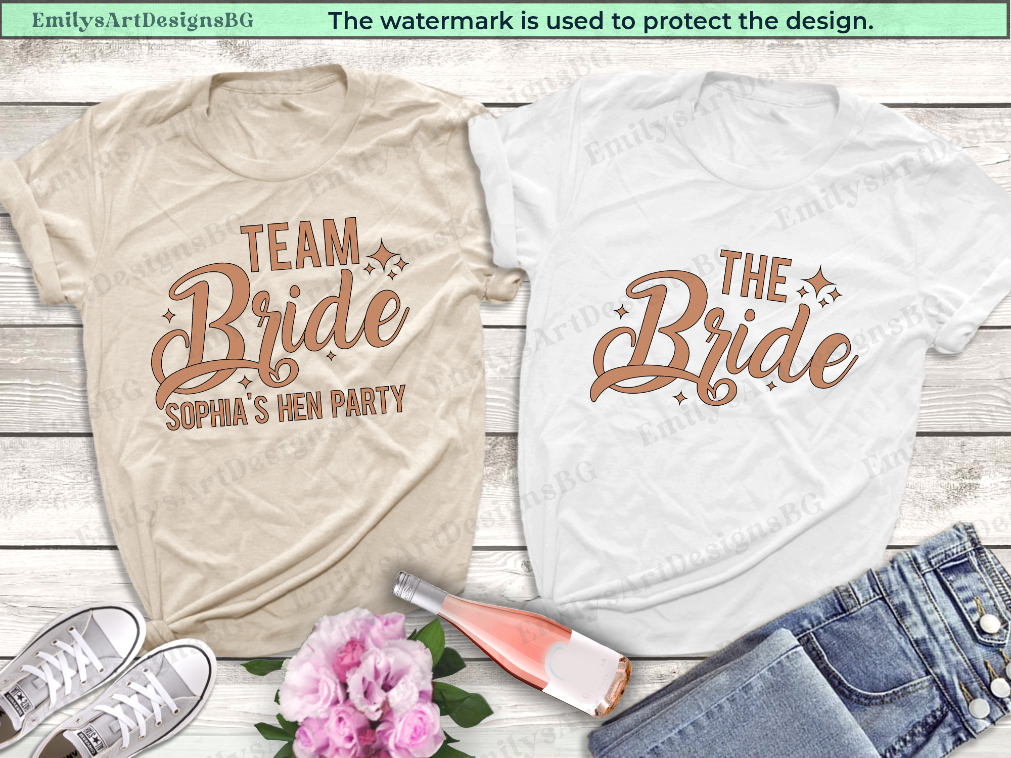 Two t-shirts with 'Team Bride' and 'The Bride' text on a wooden surface with shoes and flowers.