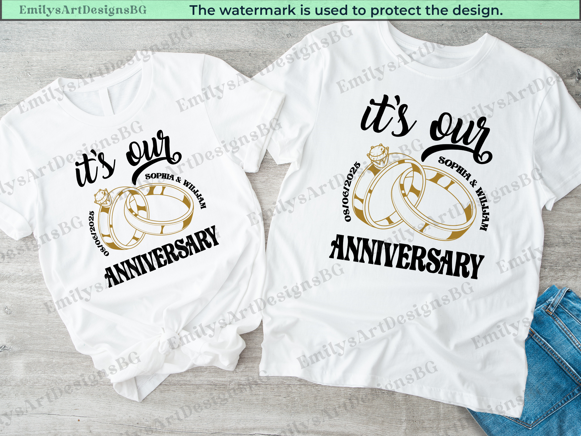Two white t-shirts with 'it's our anniversary' text and ring graphics on a gray surface.
